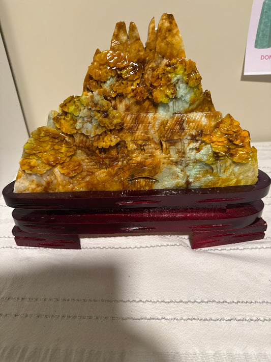Carving on Blue Jasper Landscape Carving wooden base